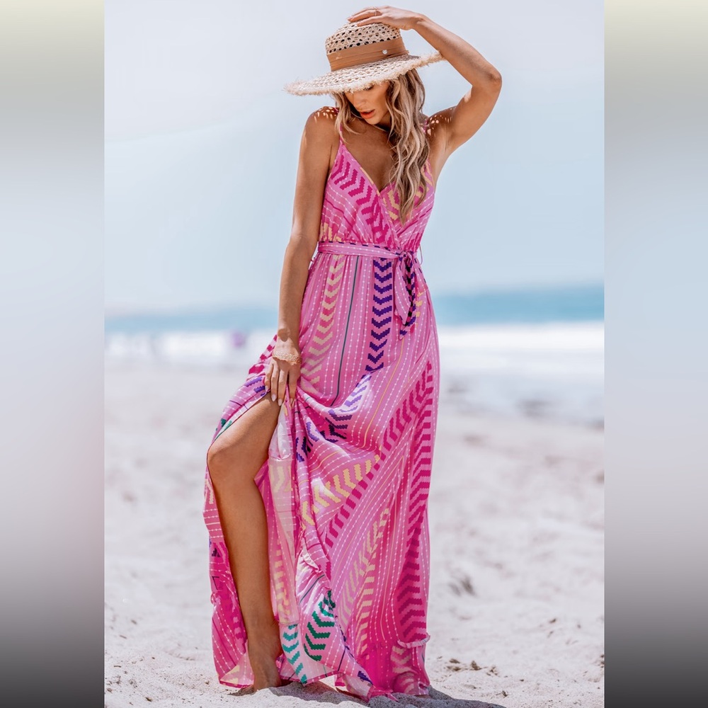 Cupshe Vibrant Pink Sleeveless Chevron Print Maxi Dress w/Pockets - Picture 3 of 14